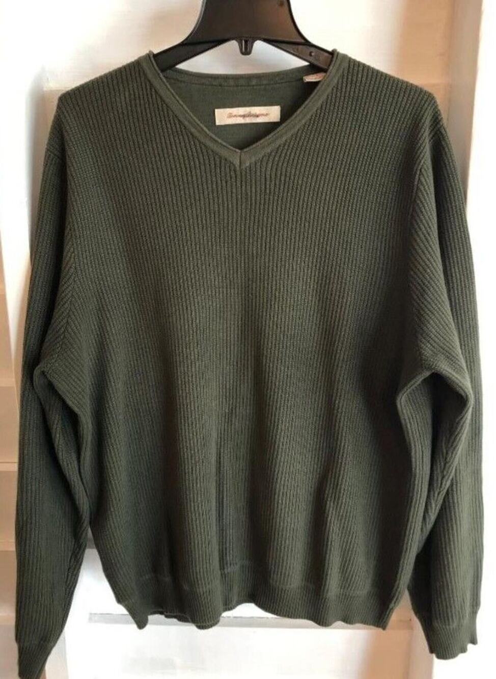 Tommy Bahama Men's L Classic Olive Green V-Neck LS Pullover Sweater